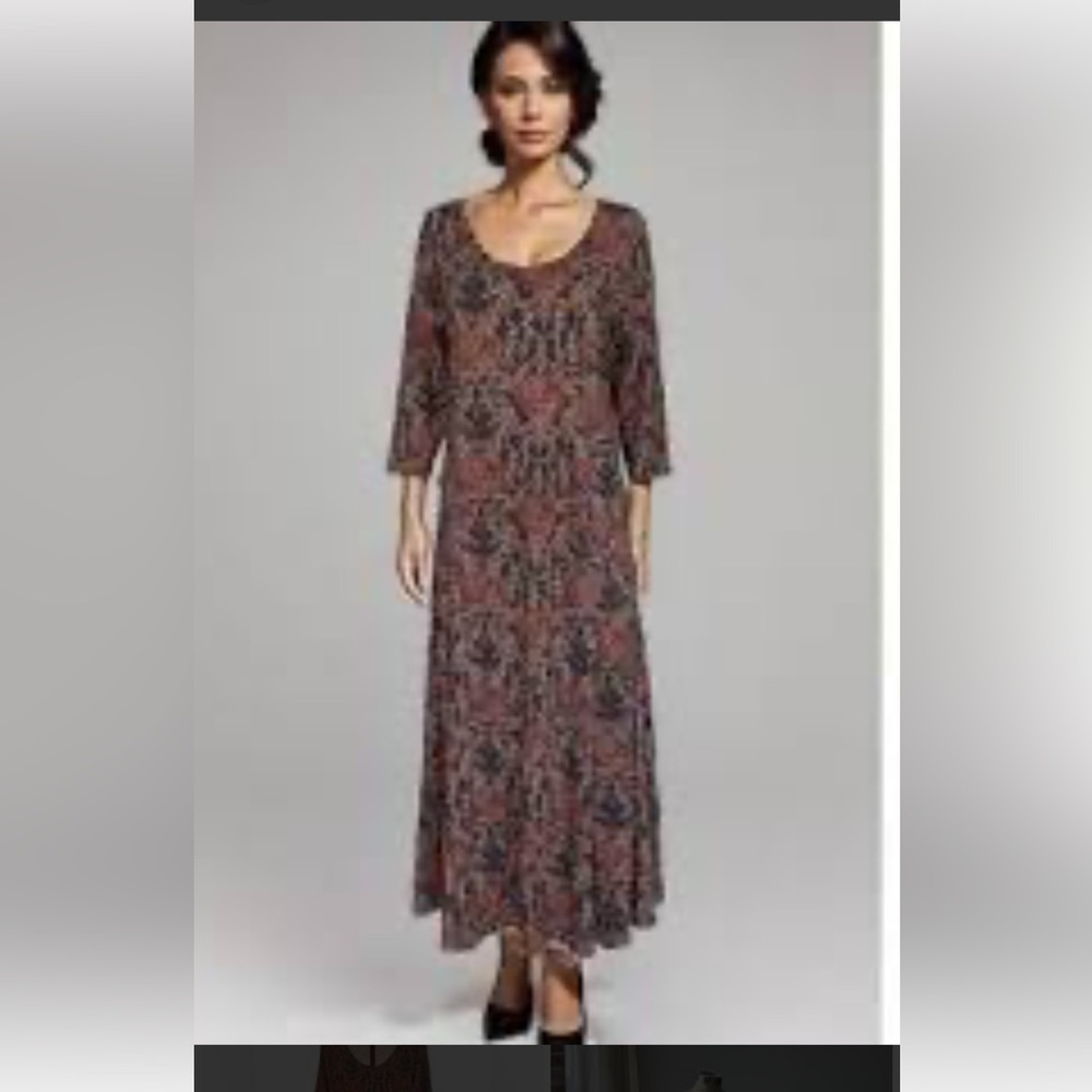 SOFT SURROUNDINGS Alcott Maxi Green Pink Brown Floral Long Sleeve Maxi Dress (L)